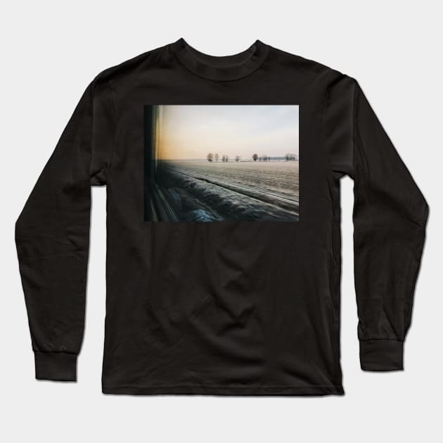 Frosted Moody Winter Landscape Shot Through Train Window Long Sleeve T-Shirt by visualspectrum